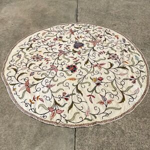 VTG Handmade Crewel Embroidery Round Table Cover Kashmir India Floral 66" FLAWS